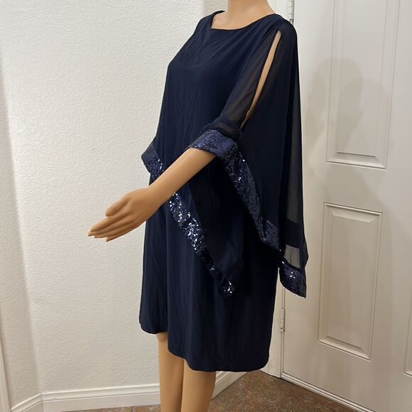 R & M Richard’s Woman Navy Sequin Evening Dress Boat Neck Slit 3/4 Sleeves Midi - Picture 4 of 8